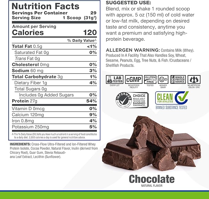 ALLMAX Nutrition ISONATURAL Whey Protein Isolate, Chocolate - 2 lb - 27 Grams of Protein Per Scoop - Zero Fat & Sugar - 99% Lactose Free - with Prebiotics - No Artificial Flavors - 29 Servings
