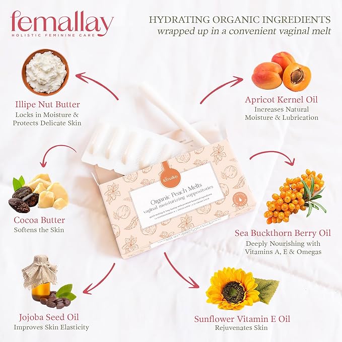 Femallay Organic Vaginal Moisturizing Suppository Melts - 100% Natural Suppositories for Vaginal Odor and Dryness Relief, Ultra-Hydrating Fast-Acting Comfort (Peach- 2 Pack)