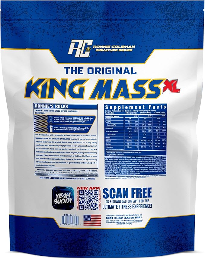 Ronnie Coleman Signature Series King Mass XL Mass Gainer Protein Powder, Muscle Gainer, 60g Protein, 180g Carbohydrates, 1,000+ Calories, Creatine and Glutamine, Cookies N' Cream, 15 Pound