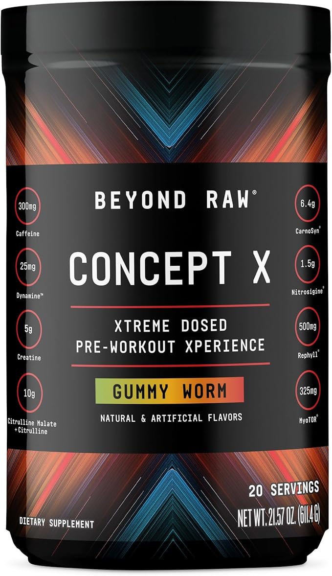 BEYOND RAW Concept X, Clinically Dosed Pre-Workout Powder, Contains Caffeine, L-Citrulline, Creatine, and Beta-Alanine, Gummy Worm Flavor, 20 Servings