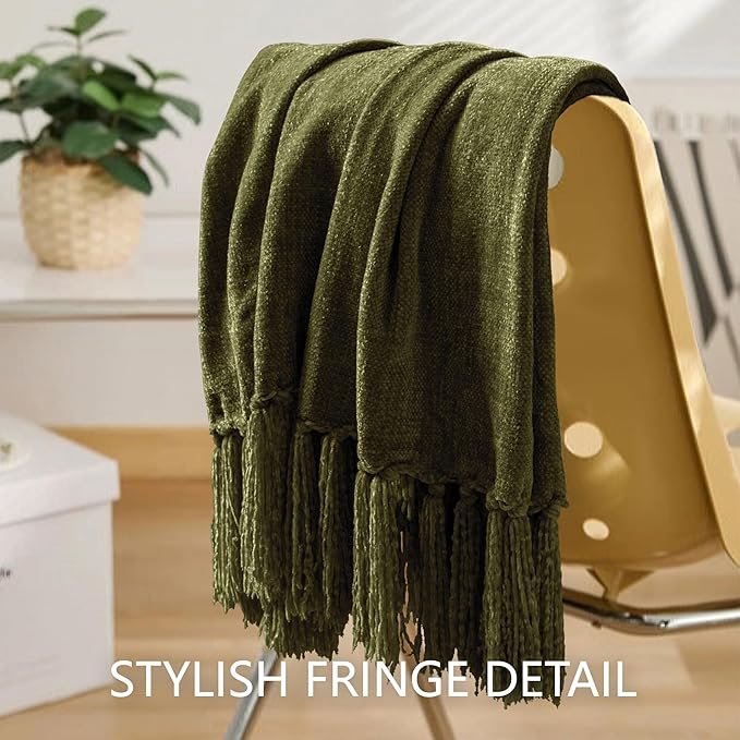 Chenille Throw Blanket for Couch 60"X 80" Twin, Soft Cozy Throws with Fringe Tassel for Bed Sofa Chair Cover, Lightweight Knitted Decorative Boho Blankets for Living Room, Olive Green