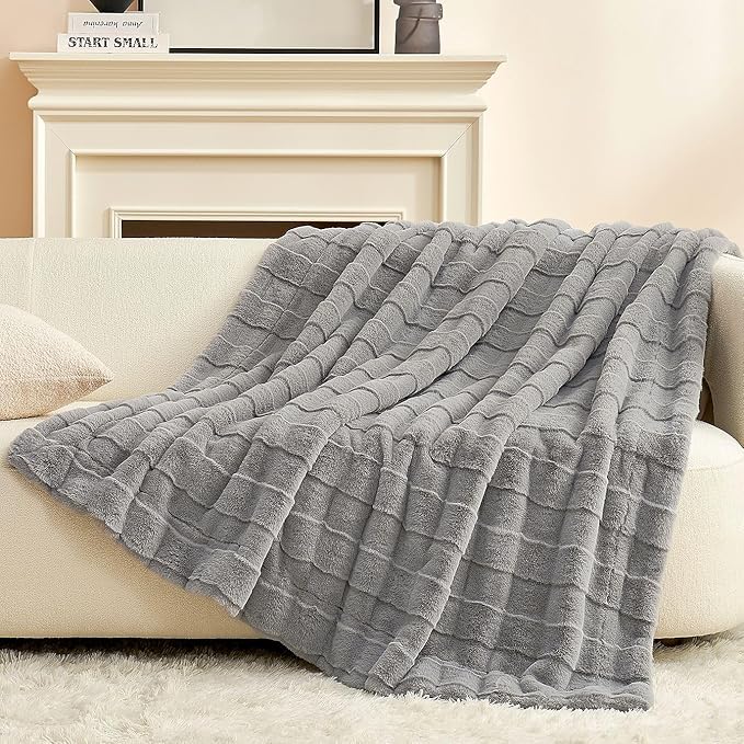 Cozy Bliss Fluffy Faux Fur Throw Blanket for Couch,Lightweight Cozy Soft Grey Throw Blankets for Sofa Bed Living Room,50x60 Inches