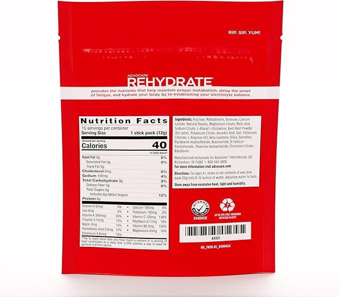AdvoCare Rehydrate Electrolyte Drink Mix - Hydration & Recovery Drink with Sodium, Potassium & More - Red Raspberry - 15 Hydration Packets