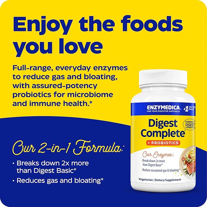 Enzymedica, Digest Complete + Probiotics, Gentle Digestive Enzymes with 400 Million CFU Active Cultures per Capsule, 30 Capsules