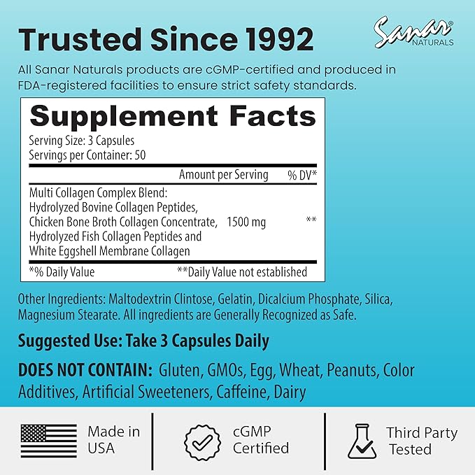 Sanar Naturals Multi Collagen Pills - Type I, II, III, V, X - Extra Strength Hair Skin Nails Joints - Hydrolyzed Collagen for Women and Men, 150 Capsules