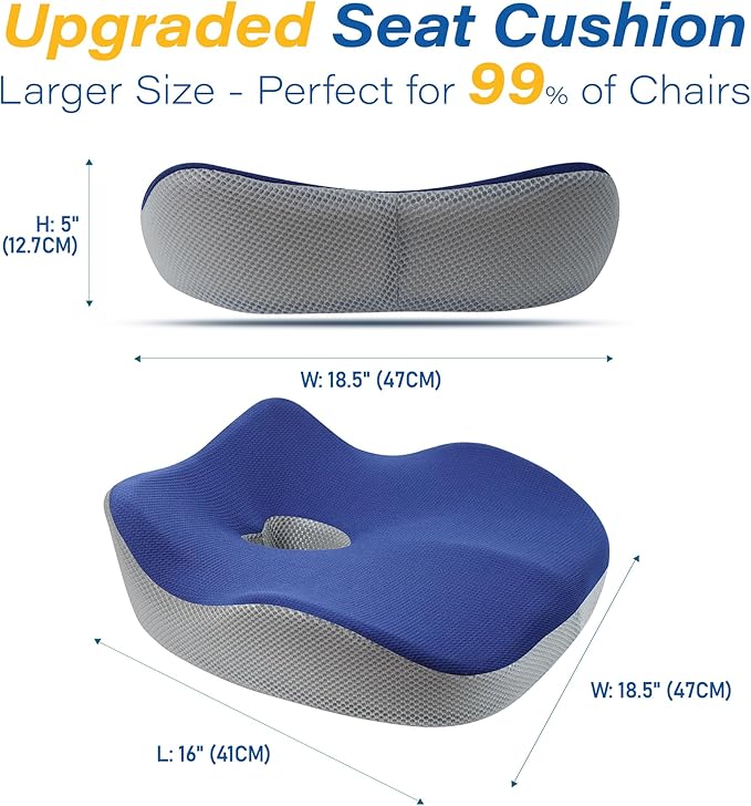Car Seat Cushion, Ergonomic Memory Foam Car Cushion for Sciatica Pain Relief, Larger Driving Seat Pillow for Short Drivers on Long Drives - Butt Pillow for Truck, Office, Wheelchair - Blue&Gray