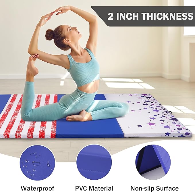Folding Exercise Gymnastics Mat 4'x8'x2" Gym Workout Mat with Carrying Handles High-Density Anti-Tear Portable Fitness Aerobics Mats for Home Gym Yoga Pilates Tumbling MMA Core Training, Multiple Colors