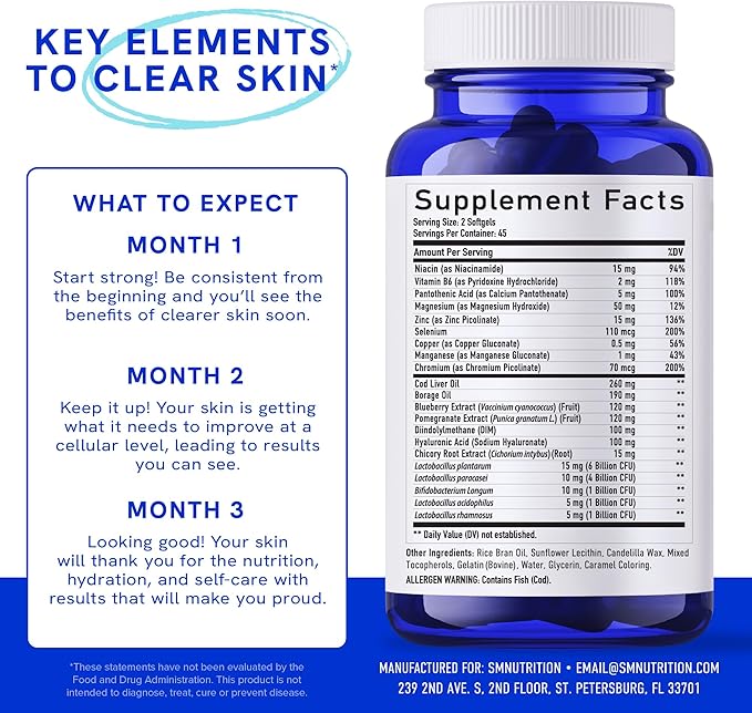 Clear Skin Acne Supplement with Zinc, DIM & Probiotics | 3-in-1 Balance, Clarify, Restore Support with Hyaluronic Acid & Skin Support Vitamins | for Women & Men | Oral Hormonal Acne Pills | 180 Ct
