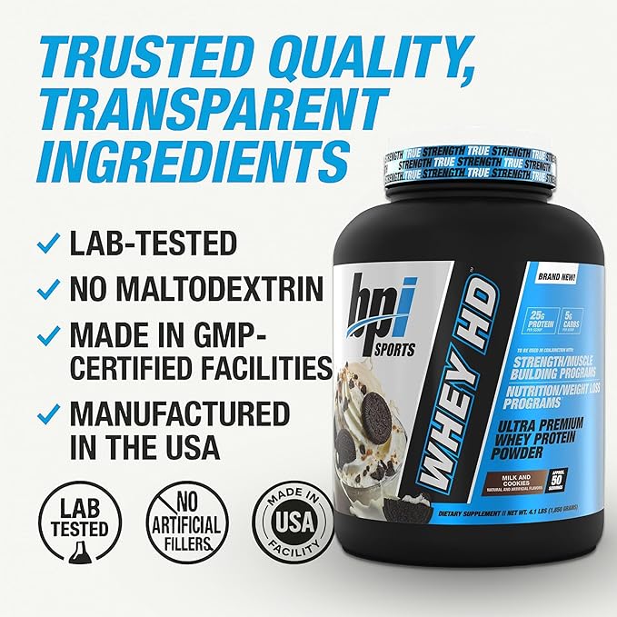 BPI Sports Whey HD Ultra Premium Protein Powder Isolate | Workout Whey Protein Powder for Men & Women for Muscle Gain | Milk Protein Concentrates | Milk and Cookies, 4.07 Pound