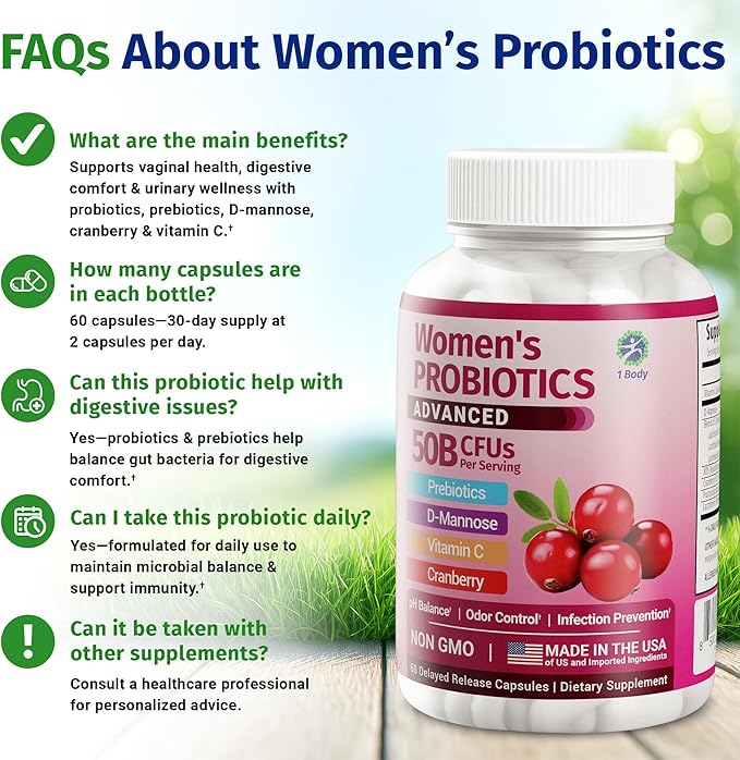 1 Body Probiotics for Women with 50 Billion CFU, Vaginal Probiotics with Prebiotics, Cranberry, D-Mannose & Vitamin C, Vaginal Pills for Microbiome Balance, Digestive & Immune Support, 60 Capsules