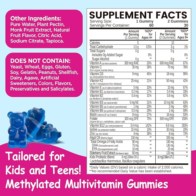 Kids Methylated Multivitamin - Chewable Multivitamin for Kids & Teens 4+, With L Methylfolate, Vegan Omega-3, Zinc, Probiotics & Elderberry, Immune Support, Brain Health, MTHFR Supplement, 2PC
