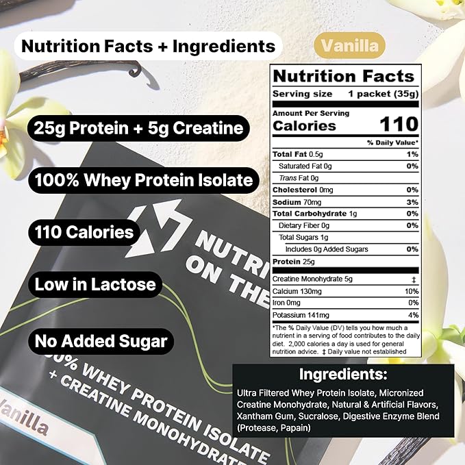 Travel Whey Protein Isolate Packets – Single-Serve Protein Powder – 25g Protein + 5g Creatine – Vanilla (15-Pack)
