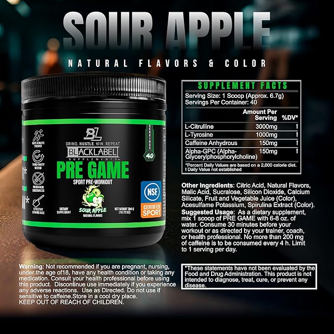 BLACKLABEL Supplements PRE-Game Pre Workout Powder, Sour Apple (40 Servings) – NSF Certified for Sport – Customizable 150mg Caffeine for Energy and Focus – Low-Stimulant Pre Workout for Men and Women