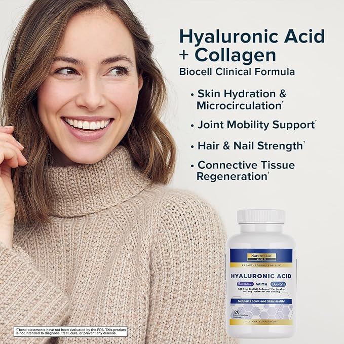 Nature's Lab Hyaluronic Acid with Biocell Collagen and MSM - Skin Hydration, Joint Health - 120 Capsules (40 Day Supply)