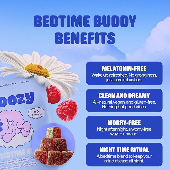 Snoozy Bedtime Buddy, Sleep Mushroom Gummies | Reishi, Chamomile, Valerian Root, Lemon Balm Extract | Natural Sleep Aid, Melatonin Free | Raspberry Flavored, 60 Gummies, 1 Pack