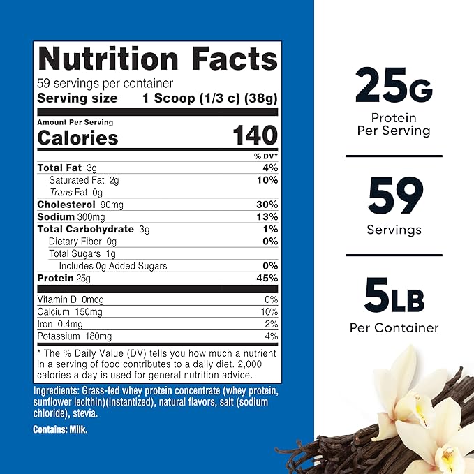 Nutricost Grass-Fed Whey Protein Concentrate (Vanilla) 5LBS - Undenatured, Non-GMO, Gluten Free, Natural Flavors