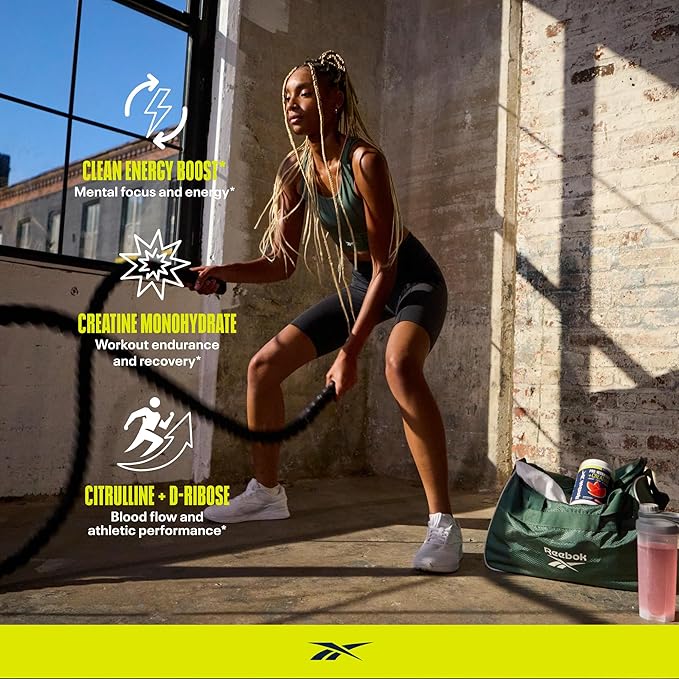Reebok Pre-Workout Powder | 200mg Natural Caffeine, 3g Creatine Monohydrate | Clean Energy Pre Workout for Strength, Focus & Pump | Informed-Sport Certified | ReeEnergize | Sour Green Apple