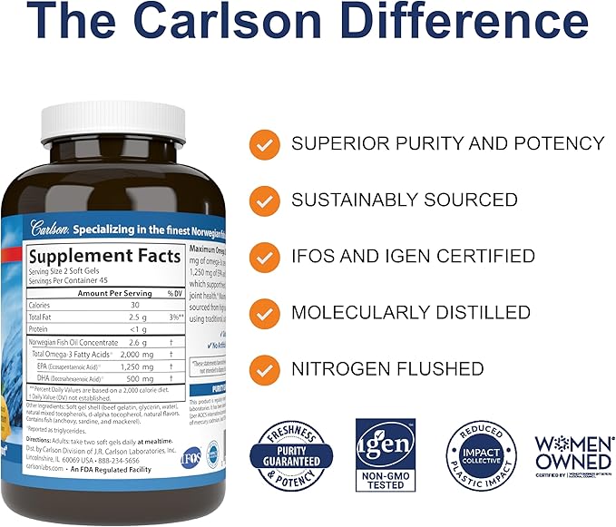 Carlson - Maximum Omega 2000, 2000 mg Omega-3s, Healthy Heart, Brain Function & Vision Support, Lemon, 90 soft gels