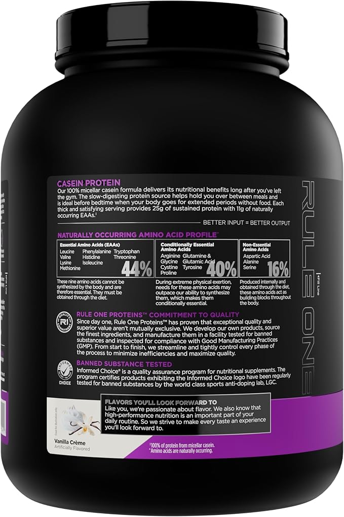 Rule 1 Casein Protein - 25g Protein and 11g EAAs Per Serving from Slow-Release Micellar Casein for Overnight Recovery and Sustained Delivery Between Meals (4 Pounds*, Vanilla Crème)