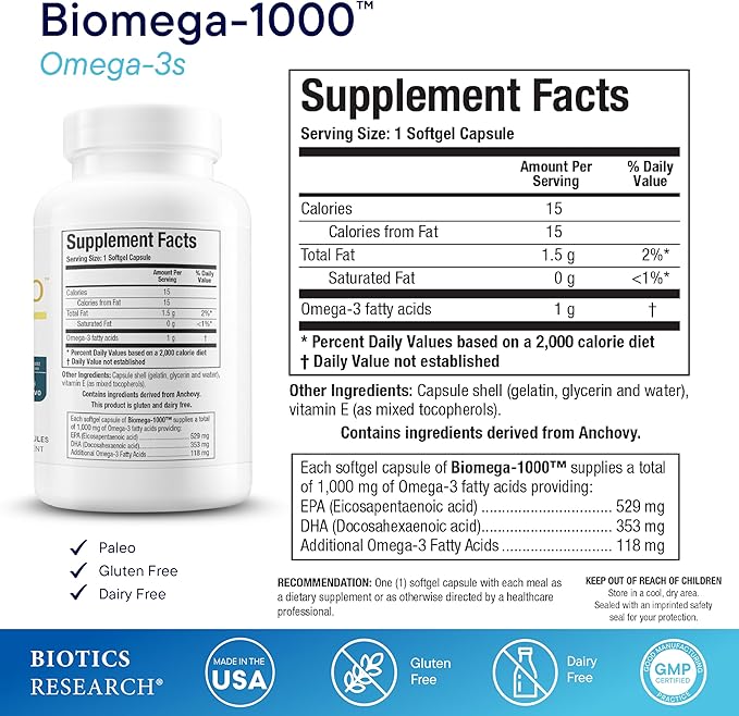 Biotics Research Biomega-1000™ Omega 3 Fish Oil with EPA/DHA -Omega-3 Fatty Acids 1000 mg- Highly Concentrated Fish Oil for Women & Men –Supports Immune, Brain & Heart Health–90 Softgels