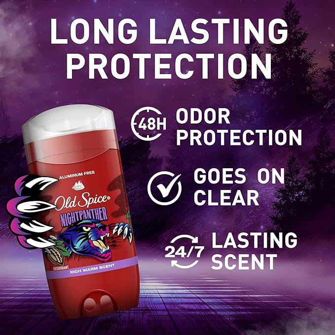 Old Spice Aluminum Free Deodorant for Men, 24/7 Odor Protection, 24/7 Freshness & Lasting Scent, Goes on Clear, NightPanther with Rich Warm Scent, 3.0 oz (Pack of 3)