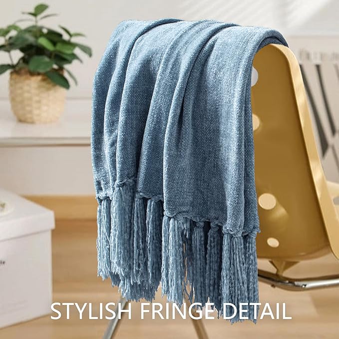 Chenille Throw Blanket for Couch 50"X 60", Soft Cozy Throws with Fringe Tassel for Bed Sofa Chair Cover, Lightweight Knitted Decorative Boho Blankets for Living Room, Dusty Blue