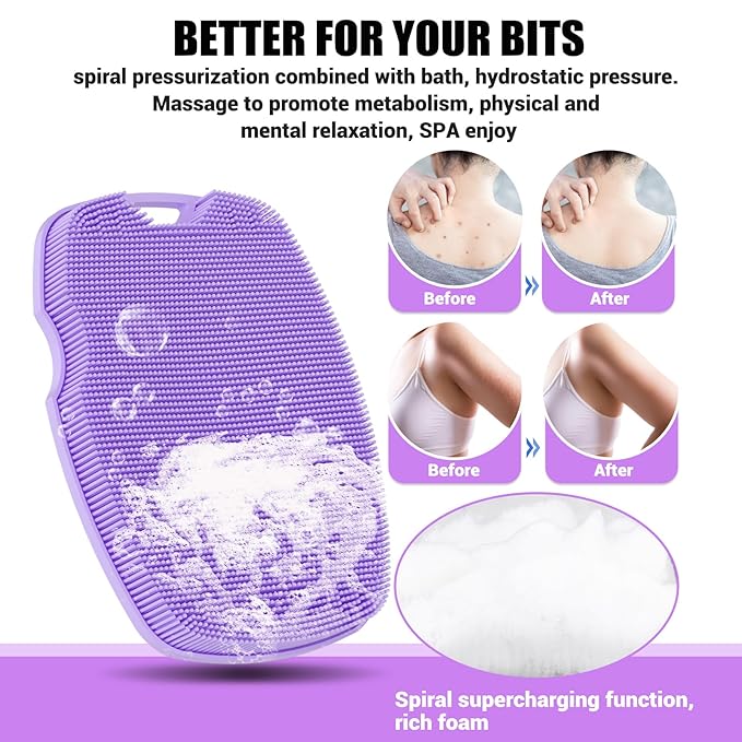 Silicone Body Scrubber Anti Slip for Shower,Zinc Infused Soft Bristles Shower Scrubber for Body Exfoliator,Hygienic,Blood Circulation - Purple