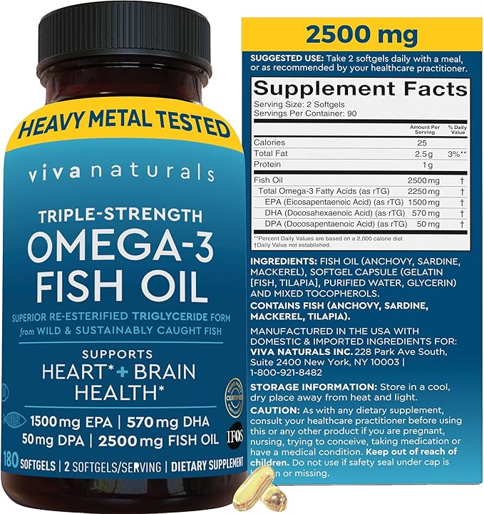Triple Strength Omega 3 Fish Oil Supplement for Men and Women – 2500 mg High-Potency, Easy-to-Absorb Re-esterified Triglyceride Form, Pescatarian-Friendly DPA EPA DHA Omega 3 Supplement, 180 Softgels