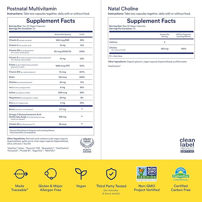 Ritual Postnatal Mom-to-Baby Set, Postpartum Multivitamin and Natal Choline Supplements, Supports Lactation, Immune Function, and Baby's Cognitive Function