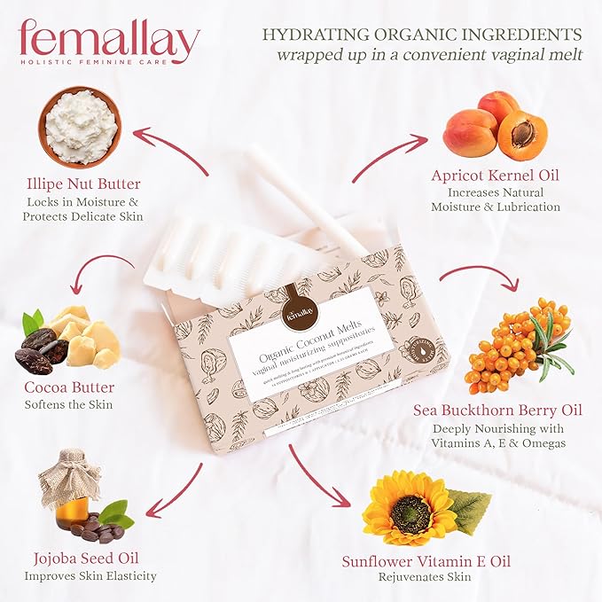 Femallay Organic Vaginal Moisturizing Suppository Melts - 100% Natural Suppositories for Vaginal Odor and Dryness Relief, Ultra-Hydrating Fast-Acting Comfort (Coconut)