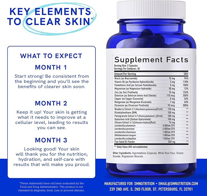 Clear Skin Acne Supplement with Zinc, DIM & Probiotics | 3-in-1 Balance, Clarify, Restore Support with Hyaluronic Acid & Skin Support Vitamins | for Women & Men | Oral Hormonal Acne Pills | 60 Ct