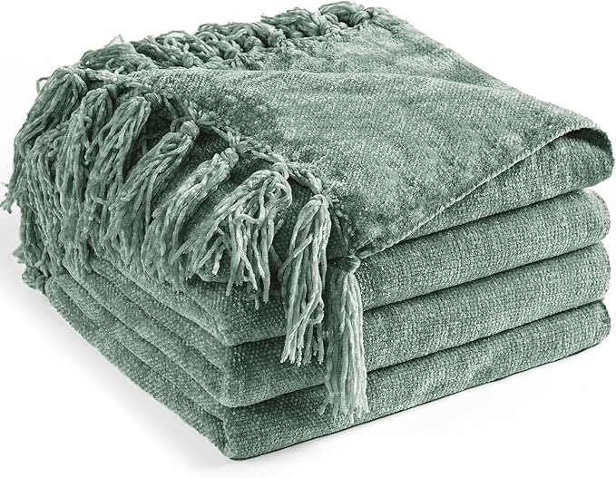 Chenille Throw Blanket for Couch 60"X 80" Twin, Soft Cozy Throws with Fringe Tassel for Bed Sofa Chair Cover, Lightweight Knitted Decorative Boho Blankets for Living Room, Sage Green