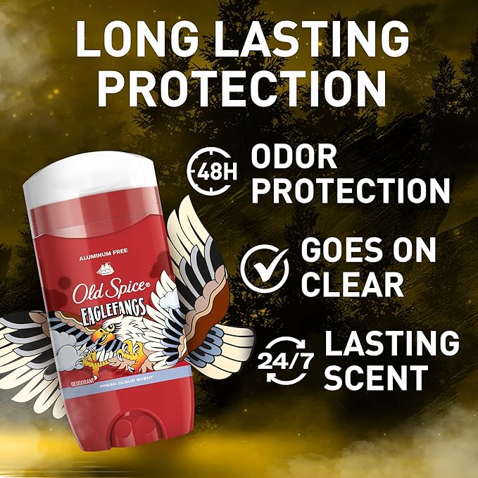 Old Spice Aluminum Free Deodorant for Men, 24/7 Odor Protection, 24/7 Freshness & Lasting Scent, Goes on Clear, Eaglefangs with Fresh Cloud Scent, 3.0 oz (Pack of 3)