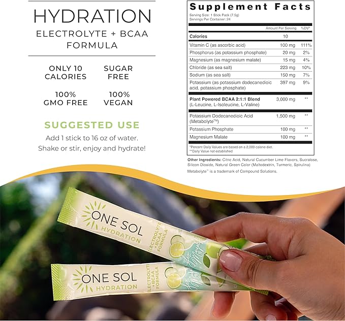 One Sol Hydration - Cucumber Lime - 24x On The Go Stick Packs - Electrolyte Powder Drink Mix - Energy Boost & Burn - Third Party Tested