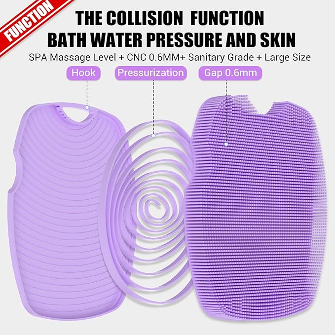 Silicone Body Scrubber Anti Slip for Shower,Zinc Infused Soft Bristles Shower Scrubber for Body Exfoliator,Hygienic,Blood Circulation - Purple