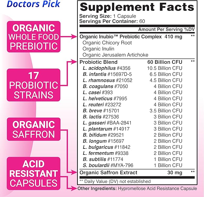 Fem Pro Probiotics for Women. 17 Clinically Effective Strains for Vaginal, Digestive & Immune Support, Urinary Tract Health, pH Balance and Mood. 60 Veggie Capsules, 2 Month Supply