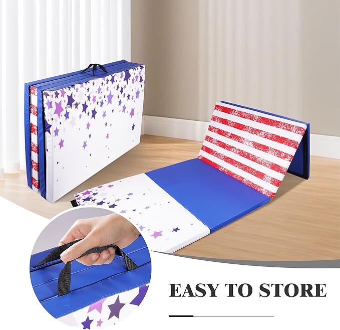 Folding Exercise Gymnastics Mat 4'x8'x2" Gym Workout Mat with Carrying Handles High-Density Anti-Tear Portable Fitness Aerobics Mats for Home Gym Yoga Pilates Tumbling MMA Core Training, Multiple Colors