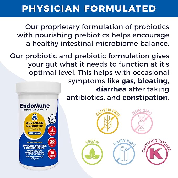Endomune Advanced Adult Multi-Strain Probiotic Supplement with Prebiotic | 10 Strains, 30 Billion CFU | Physician Formulated (60-Count)