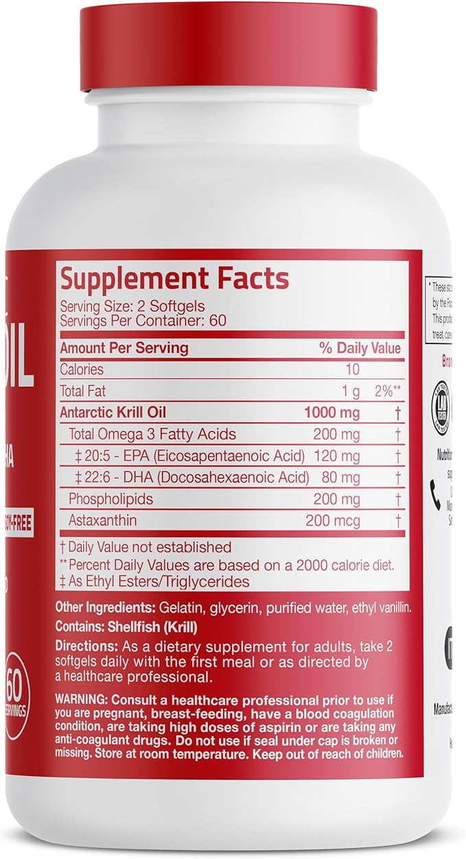 Bronson Antarctic Krill Oil 1000 mg with Omega-3s EPA, DHA, Astaxanthin and Phospholipids 120 Softgels
