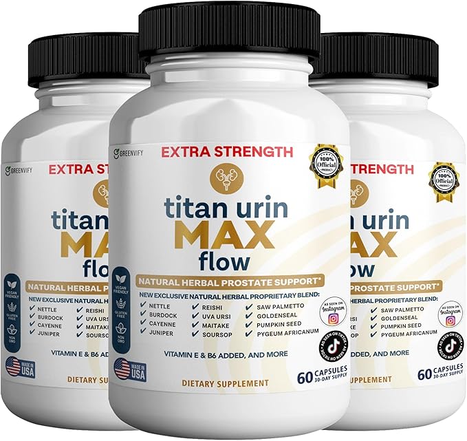 Titan Urin Max Flow Natural Prostate Supplement, 60 Capsules, Extra Strength Herbal Complex with Saw Palmetto, Vitamins E & B6 (3)