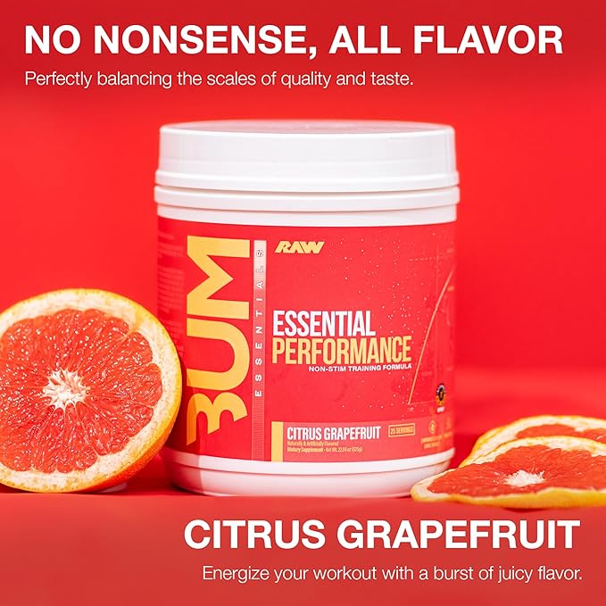 RAW Essential Performance Non-Stim Pre-Workout Powder - Preworkout for Endurance Strength & Focus without Caffeine or Stimulants - Creatine Monohydrate, L-Citrulline & Beta Alanine - Citrus Grapefruit