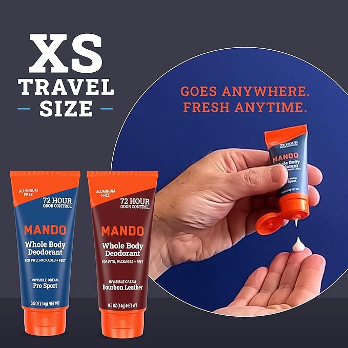 Mando Whole Body Deodorant For Men - XS Travel-Sized Invisible Cream Tube - 72-Hour Odor Control - Aluminum-Free, Baking Soda-Free - 0.5 ounce Tubes (Pack of 2) - Bourbon Leather and Pro Sport Scents
