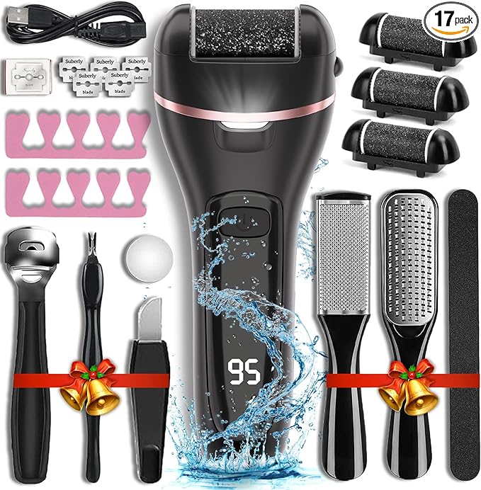 Electric Callus Remover for Feet with Rechargeable Waterproof 17 in 1 Professional Pedicure Kit with 3 Roller Heads 2 Speed Foot Care Tools Perfect for Dead Hard Cracked Dry Skin