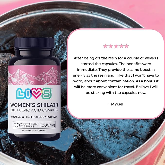 Women's Shilajit Fulvic Acid Capsules - Pure Himalayan Shilajit for Women | 1,000mg Himalayan Extract - 50% Fulvic Acid per Serving | Supports Hormonal Balance, Mood, Energy, & Vitality - 180 Ct