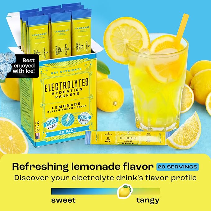 KEY NUTRIENTS Electrolytes Powder Packets 20 Pack - No Sugar, Refreshing Lemonade, Hydration Packets with Electrolyte Powder for Refreshing Electrolyte Drink Mix Packets - Zero Calories
