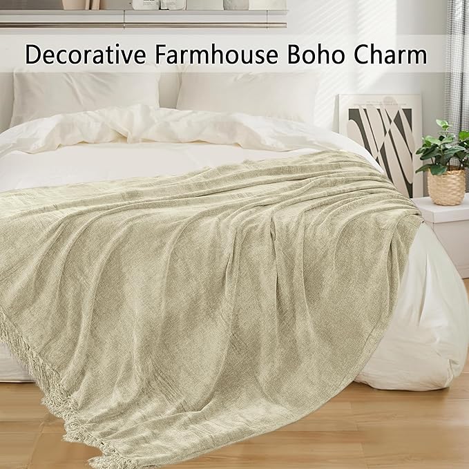 Chenille Throw Blanket for Couch 60"X 80" Twin, Soft Cozy Throws with Fringe Tassel for Bed Sofa Chair Cover, Lightweight Knitted Decorative Boho Blankets for Living Room, Light Beige