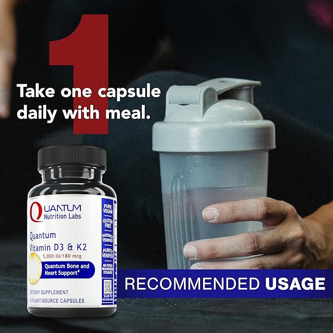 Quantum Nutrition Labs Vitamin D3 and K2 Supplement - Bone & Heart Health Support for Women & Men, 5000 IU, Vegan Vitamins, Allows Calcium Absorption, Gluten-Free - 30 Plant Based Capsules
