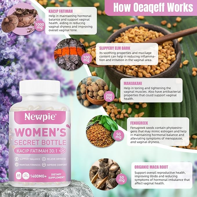 Vaginal Moisturizer Capsules Kacip Fatimah 1000mg, Manjakni 200mg & Slippery Elm Synergize to Moisturize, Tighten, Ease Vaginal Dryness, Maintain Elasticity & pH Balance. Vegan, 60 Capsules (1)