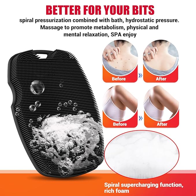 Silicone Body Scrubber Anti Slip for Shower,Zinc Infused Soft Bristles Shower Scrubber for Body Exfoliator,Hygienic,Blood Circulation - Black