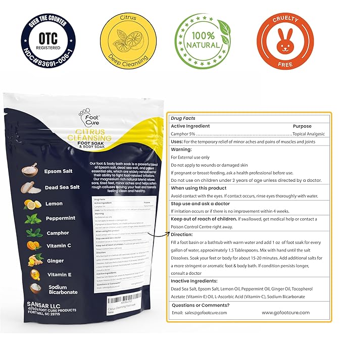 Citrus Detox Foot Soak With Epsom Salts - for Foot Callus, Immune Boost, Damaged Toenail, Athletes Foot, Pedicure and Soothes Tired Aching Feet - Made in USA 16 oz (Pack of 2)